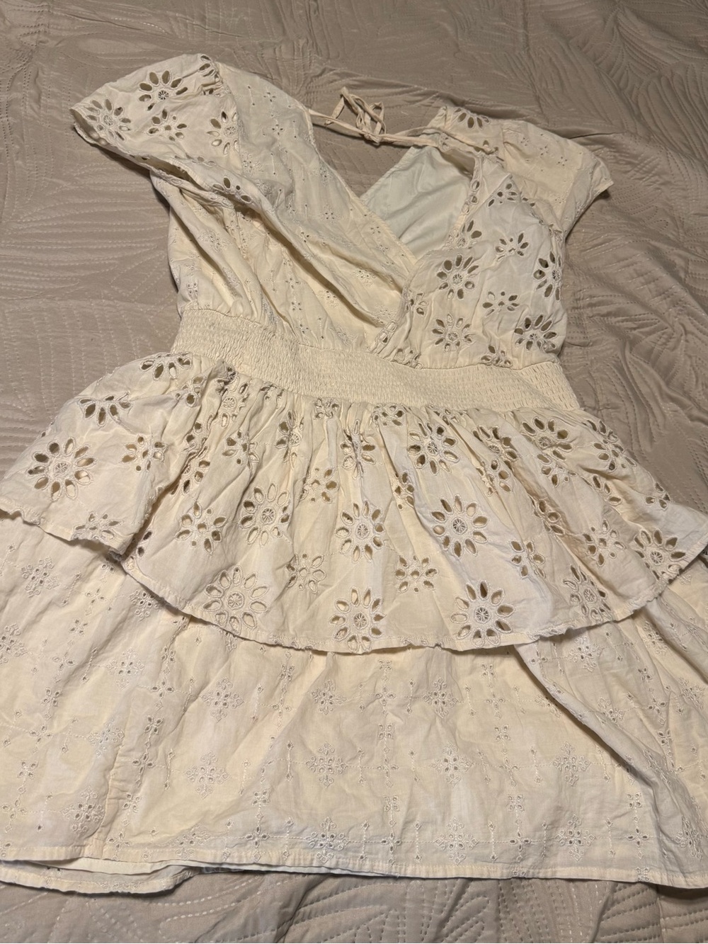 American Eagle Outfitters Cream Eyelet Tiered Dress